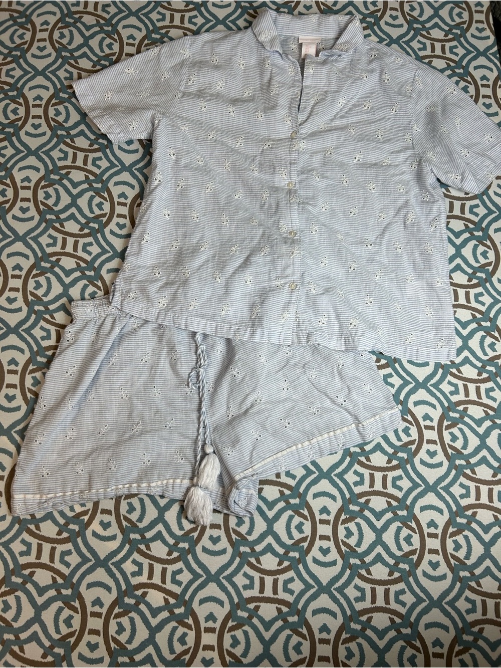 Women Light Blue Eyelet Short Pajama Set 100 % cotton